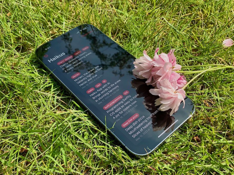 HeyAIku running on iPhone, laying in the grass with a Japanese cherry blossom on top